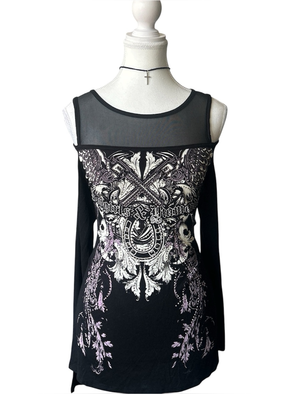 Y2K “Cowgirls & Diamonds” Black Mesh Off the Shoulder Rhinestone Graphic Top